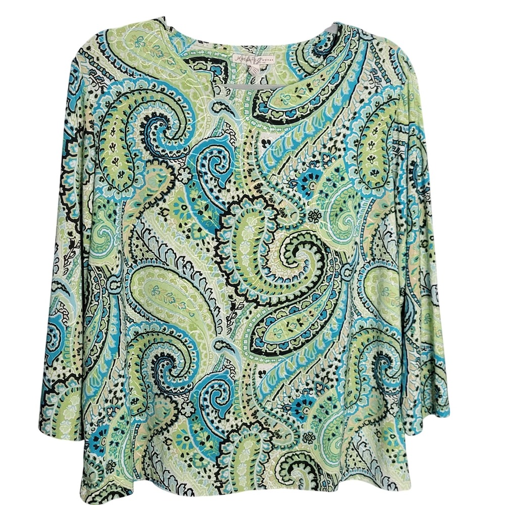 JM Collection Woman Top Womens 1X Green Blue Paisley 3/4 Sleeve Knit Blouse Boho